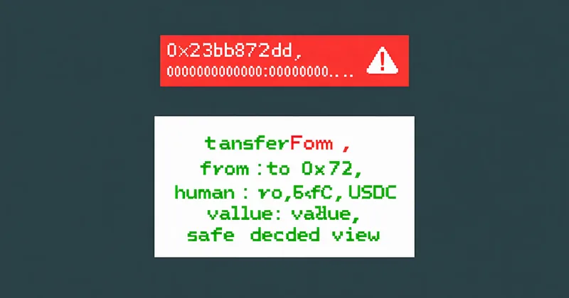 Hardware wallet display showing raw hexadecimal transaction data with warning indicator