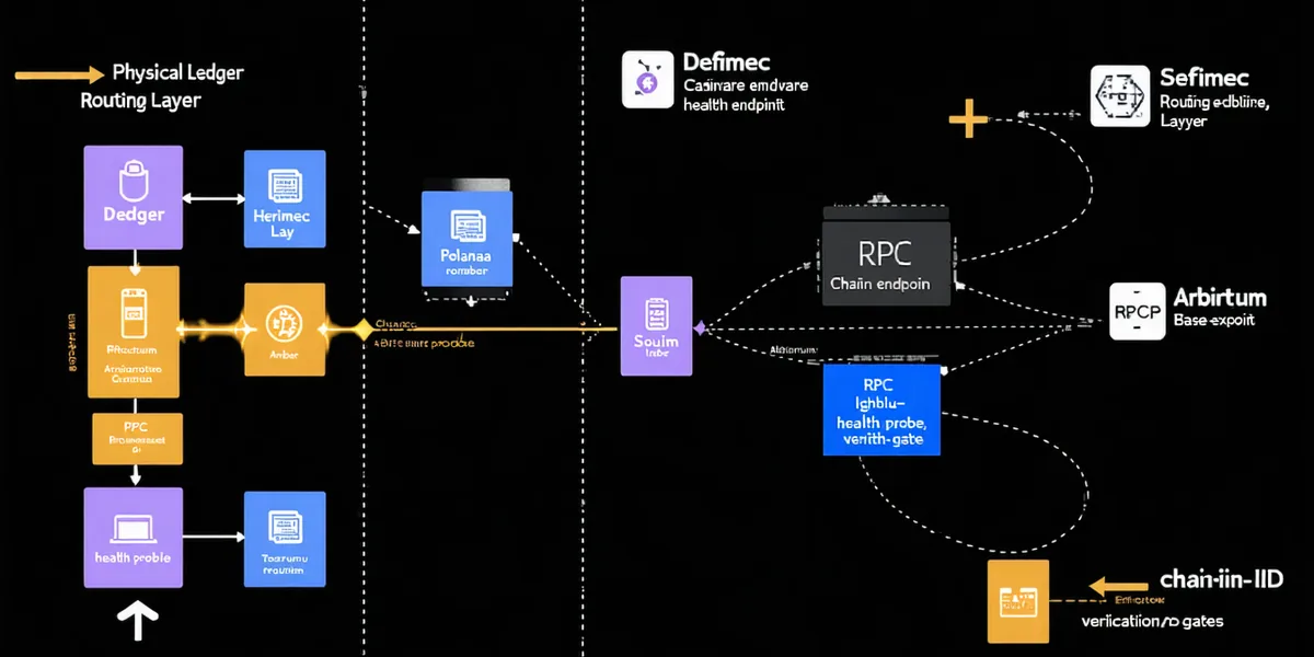 Defimec platform architecture: Ledger device connects to Defimec routing layer which verifies RPC health and chain ID before routing to Solana, Base, and Arbitrum endpoints
