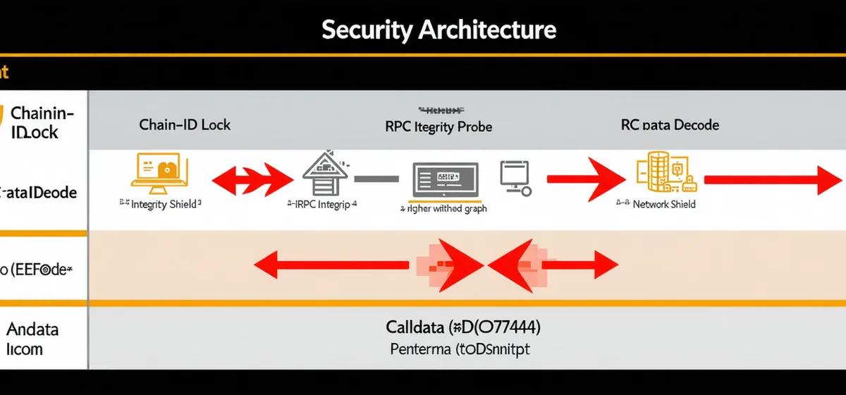 Security architecture diagram showing verification layers between Ledger hardware and blockchain endpoints: chain-ID lock, RPC integrity check, calldata decode layer